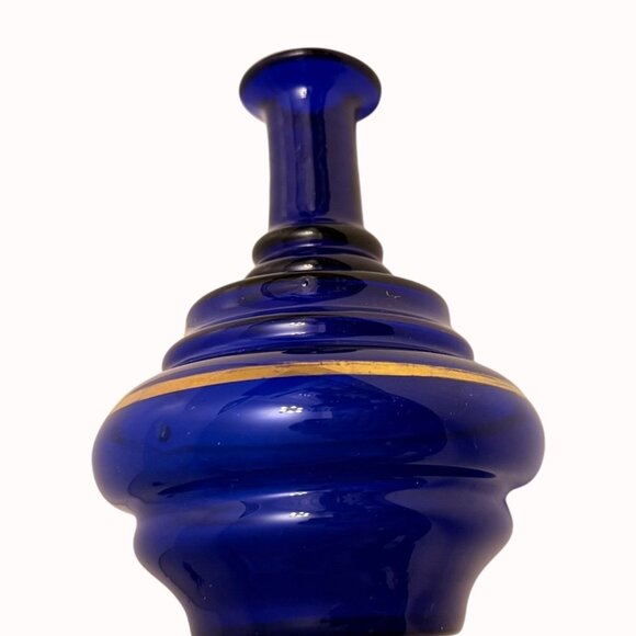 Cobalt Blue Glass Vase Flared Rim Gold Accents Victorian Era Handblown Collectib - Picture 3 of 14